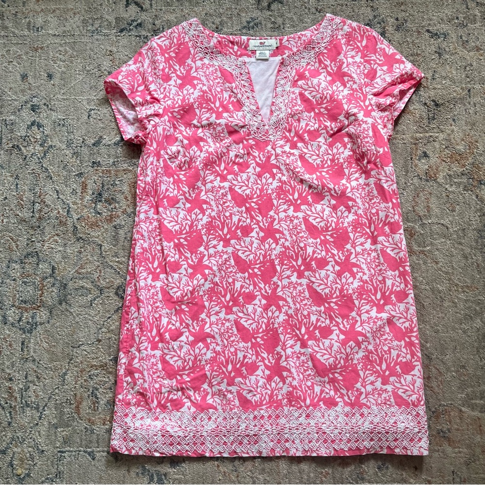 Vineyard Vines Pink and White Linen Blend Shift Short Sleeve Dress